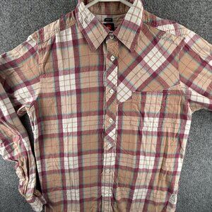 Quiksilver Beige Red Plaid Mid Medium Pocket Surf Mens Shirt Long Sleeve Flannel